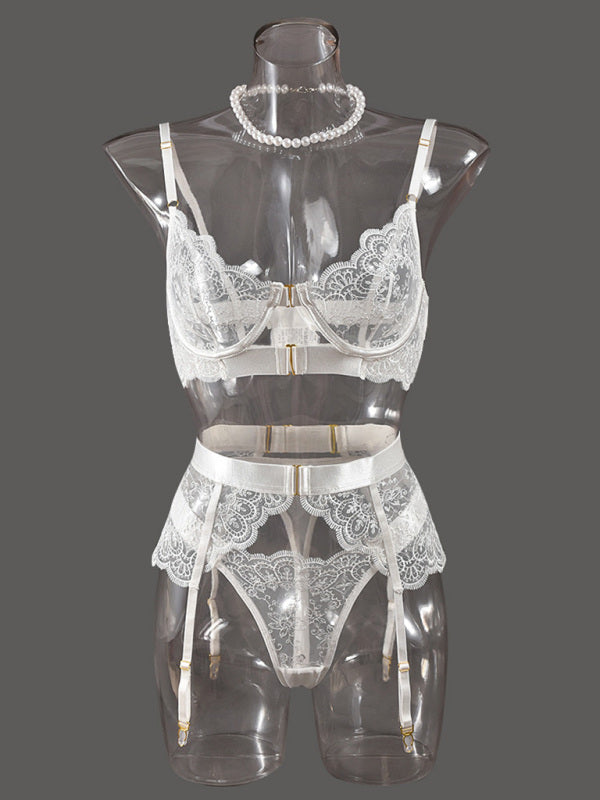 Lingeries - Sexy Embroidered Metal Button Sexy Transparent Lingerie Set