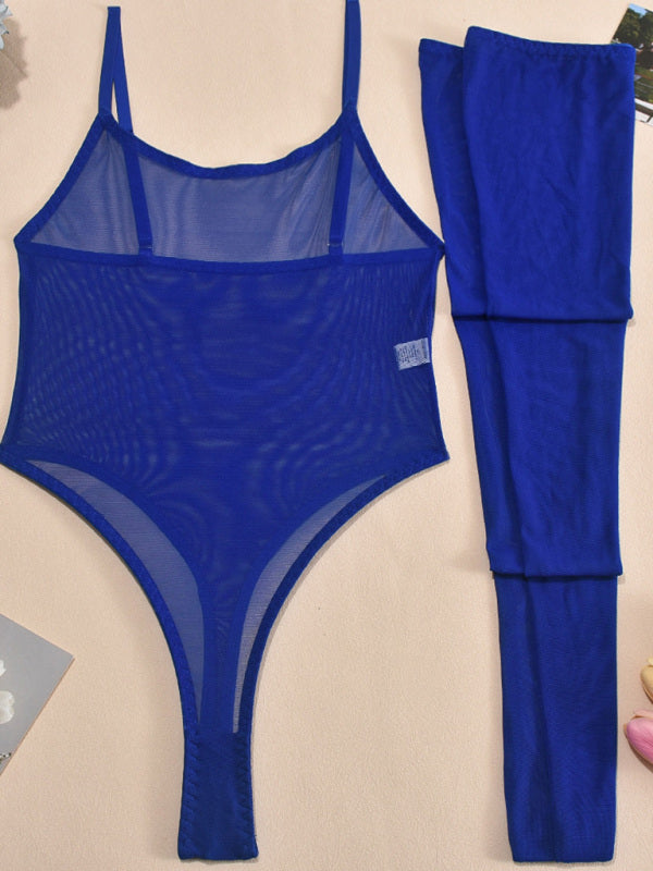 Lingerie - New sexy temptation mesh suspender dress set including leg socks