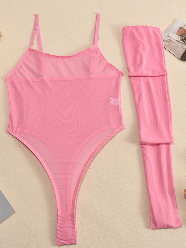 Lingerie - New sexy temptation mesh suspender dress set including leg socks