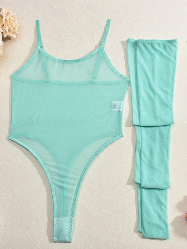 Lingerie - New sexy temptation mesh suspender dress set including leg socks