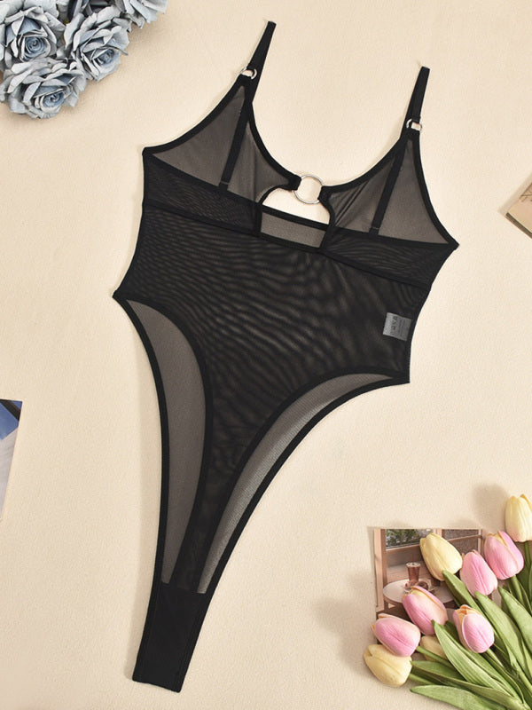 Lingerie - Mesh see-through chest iron ring hollow design jumpsuit