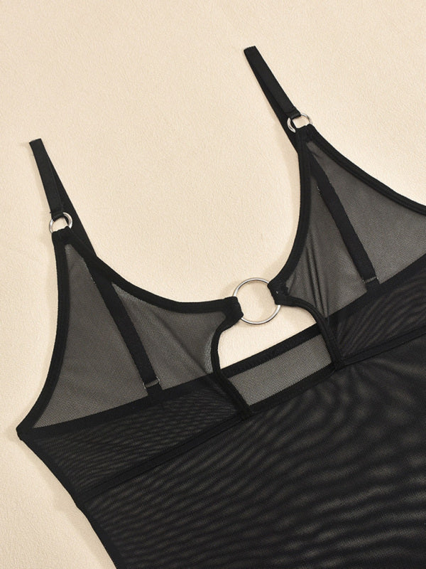 Lingerie - Mesh see-through chest iron ring hollow design jumpsuit