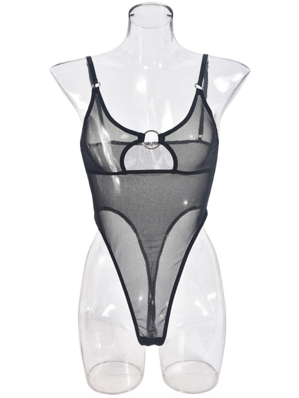 Lingerie - Mesh see-through chest iron ring hollow design jumpsuit