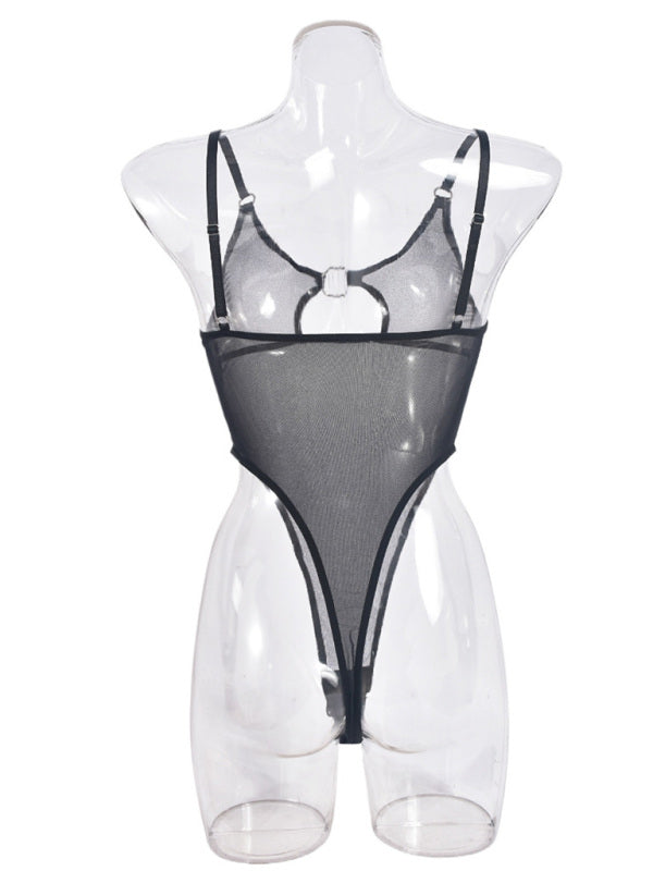 Lingerie - Mesh see-through chest iron ring hollow design jumpsuit