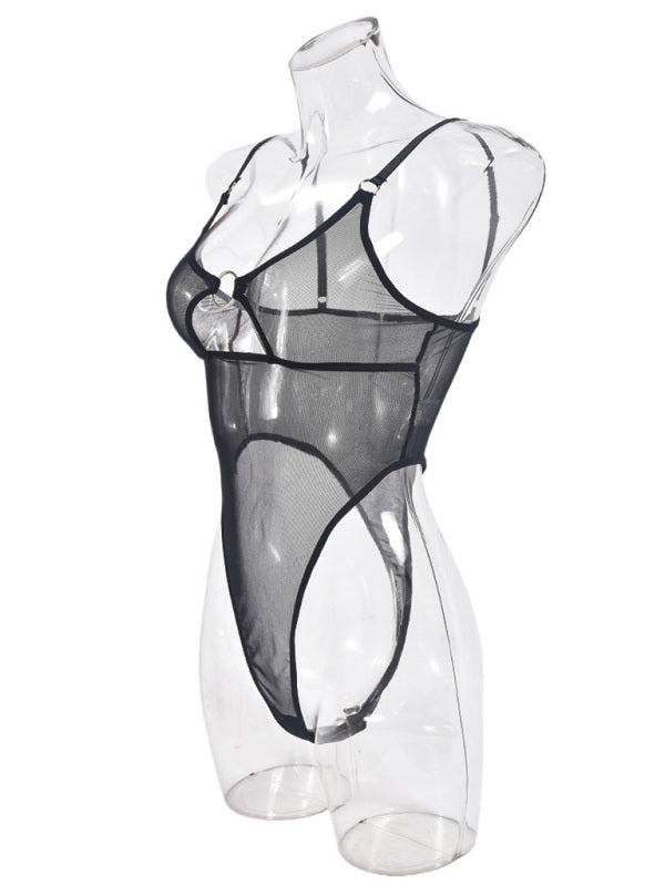 Lingerie - Mesh see-through chest iron ring hollow design jumpsuit