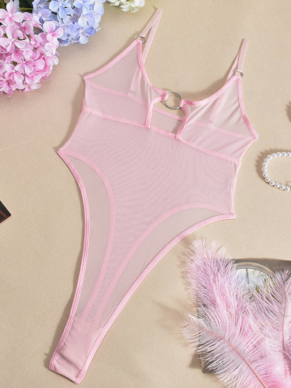 Lingerie - Mesh see-through chest iron ring hollow design jumpsuit