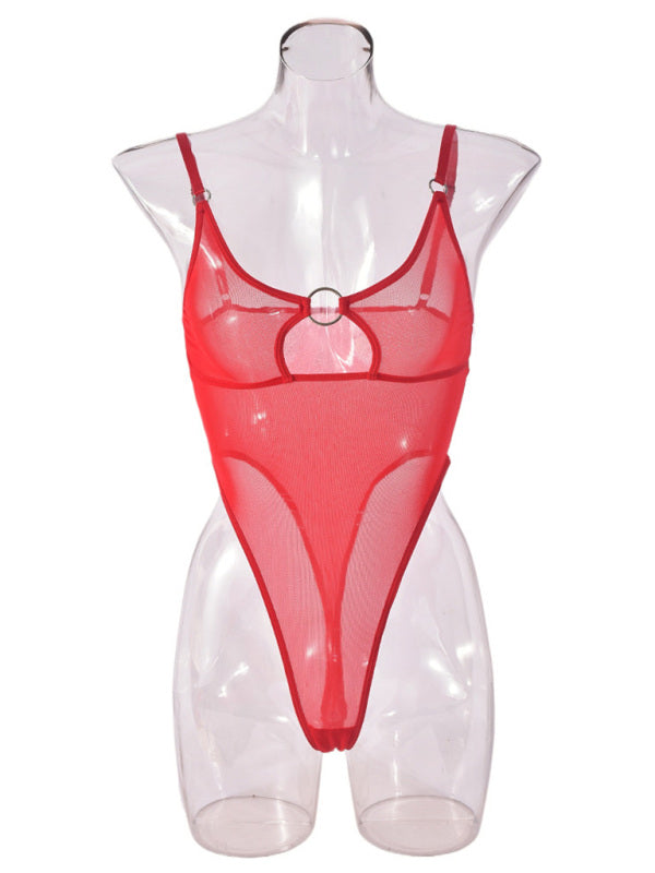 Lingerie - Mesh see-through chest iron ring hollow design jumpsuit