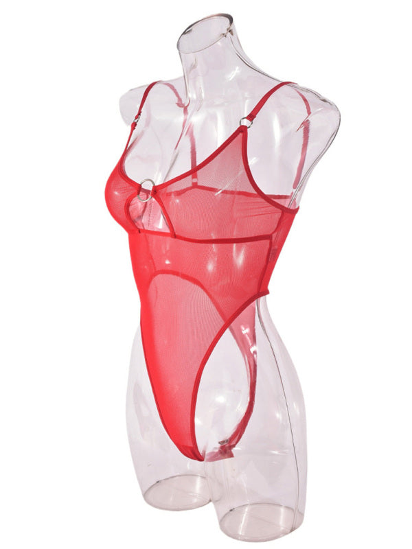 Lingerie - Mesh see-through chest iron ring hollow design jumpsuit