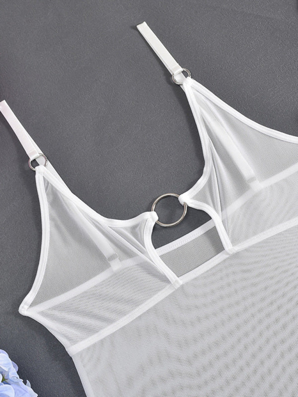 Lingerie - Mesh see-through chest iron ring hollow design jumpsuit