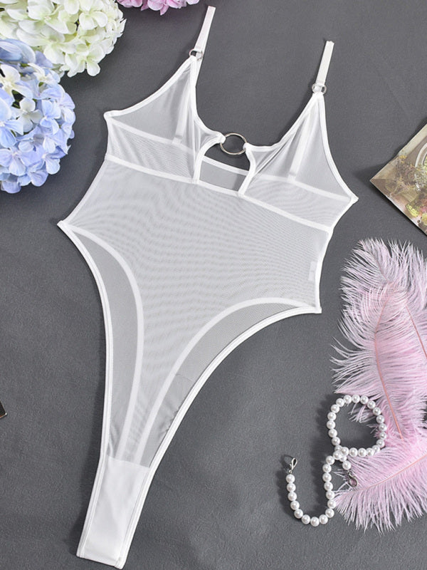 Lingerie - Mesh see-through chest iron ring hollow design jumpsuit