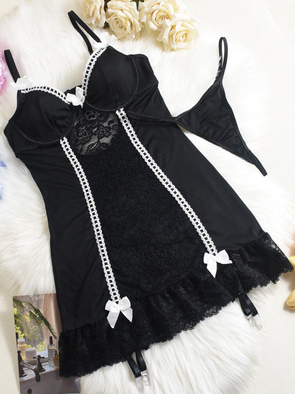 Lingerie - Sexy lace pajamas lace sexy suit nightdress bow series suit