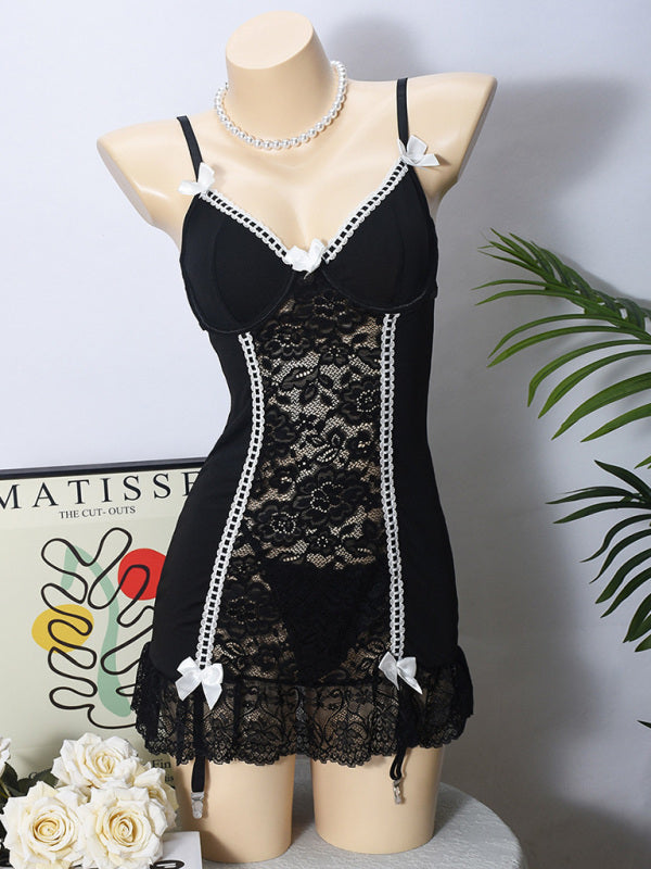 Lingerie - Sexy lace pajamas lace sexy suit nightdress bow series suit