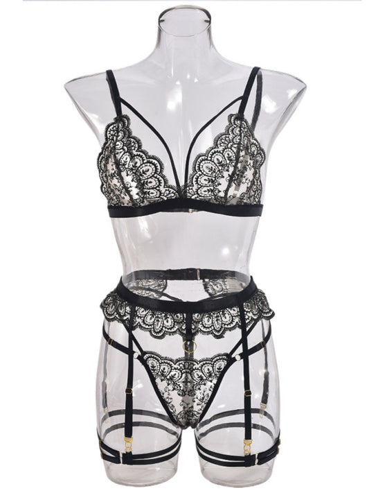 Lingerie - Embroidered lace sexy lingerie hollow chest design sexy four-piece set
