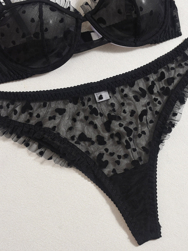 Lingerie - Sexy lace underwear ultra-thin perspective heart-shaped flocking sexy underwear set