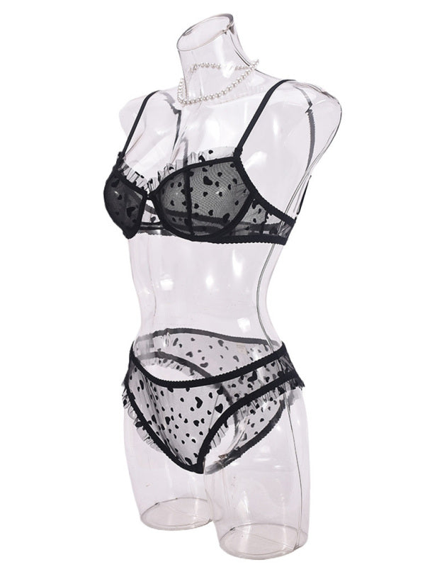 Lingerie - Sexy lace underwear ultra-thin perspective heart-shaped flocking sexy underwear set