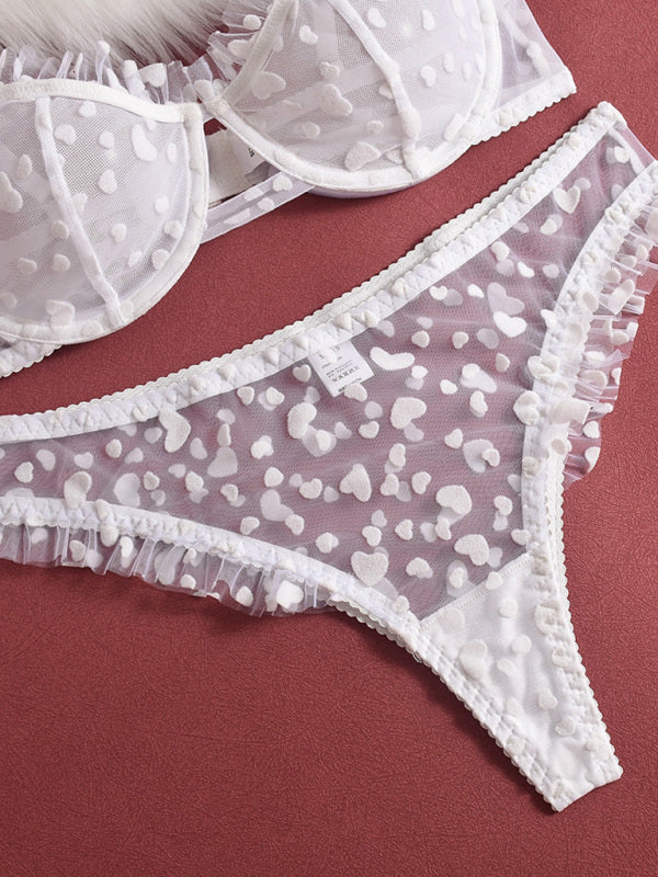 Lingerie - Sexy lace underwear ultra-thin perspective heart-shaped flocking sexy underwear set
