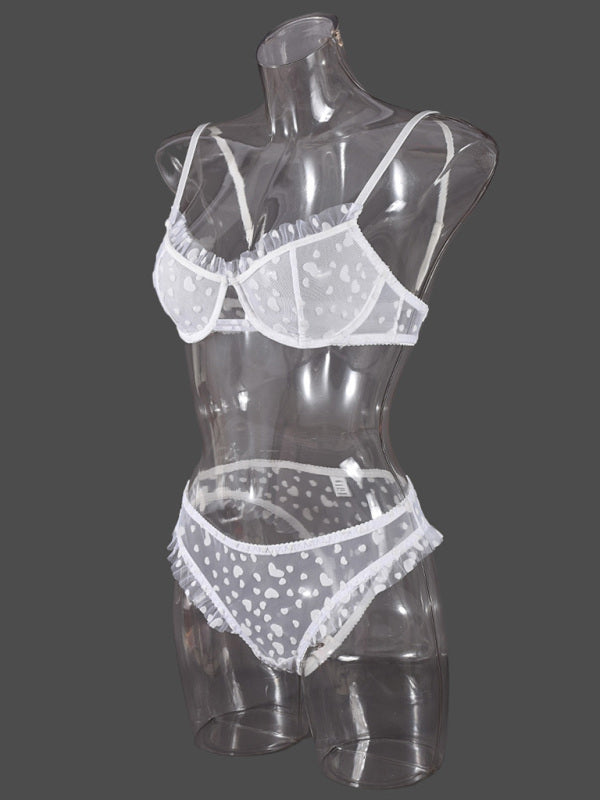 Lingerie - Sexy lace underwear ultra-thin perspective heart-shaped flocking sexy underwear set