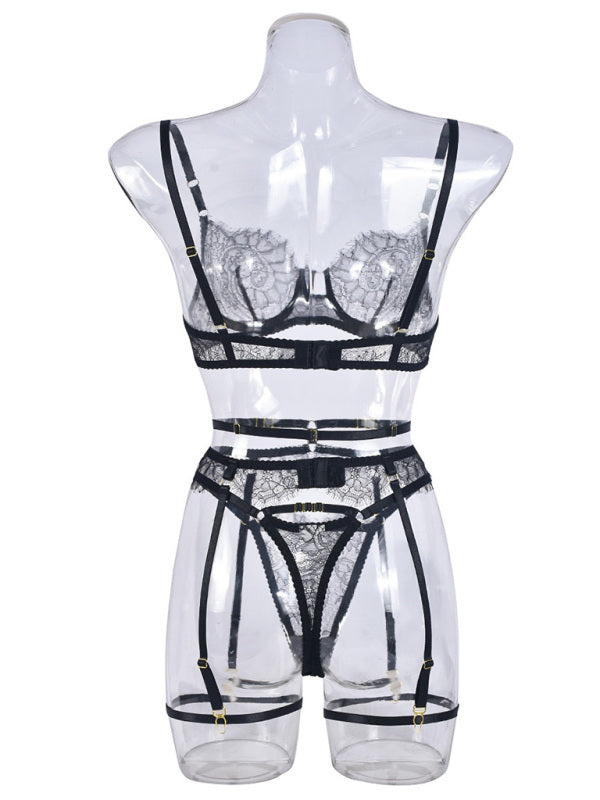 Lingerie - Eyelash lace sexy elegant lingerie set 3 pieces