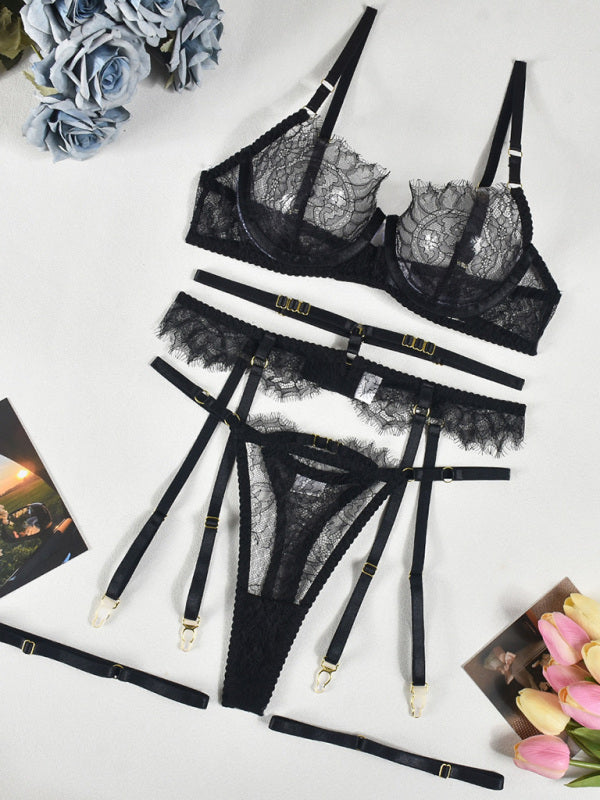 Lingerie - Eyelash lace sexy elegant lingerie set 3 pieces