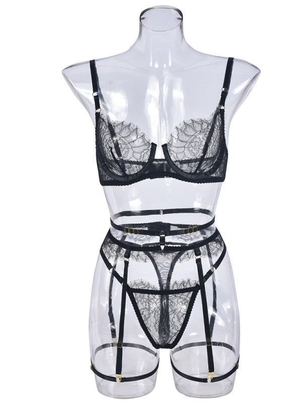 Lingerie - Eyelash lace sexy elegant lingerie set 3 pieces