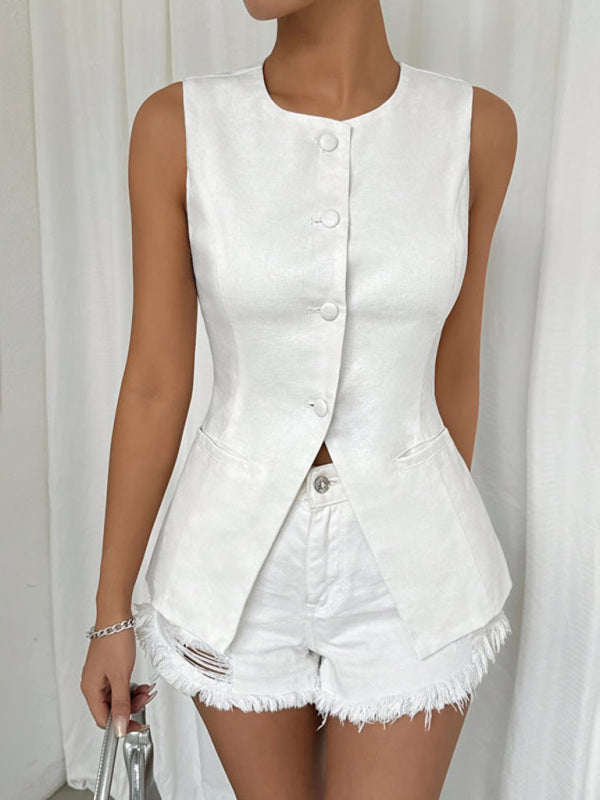 Sleeveless Tops - Sleeveless Button Round Neck Elegant Vest Top