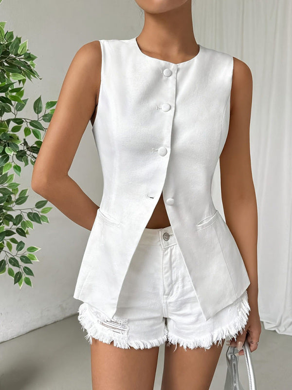 Sleeveless Tops - Sleeveless Button Round Neck Elegant Vest Top