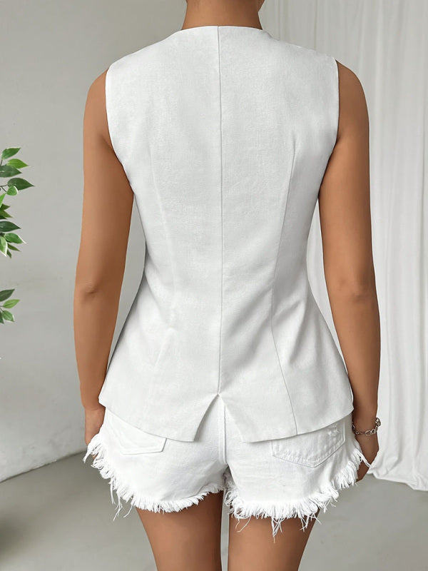 Sleeveless Tops - Sleeveless Button Round Neck Elegant Vest Top