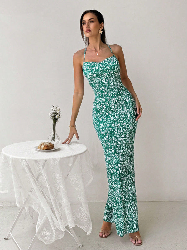 Maxi Dresses - Sexy backless fishtail long dress casual holiday date music festival floral suspender dress