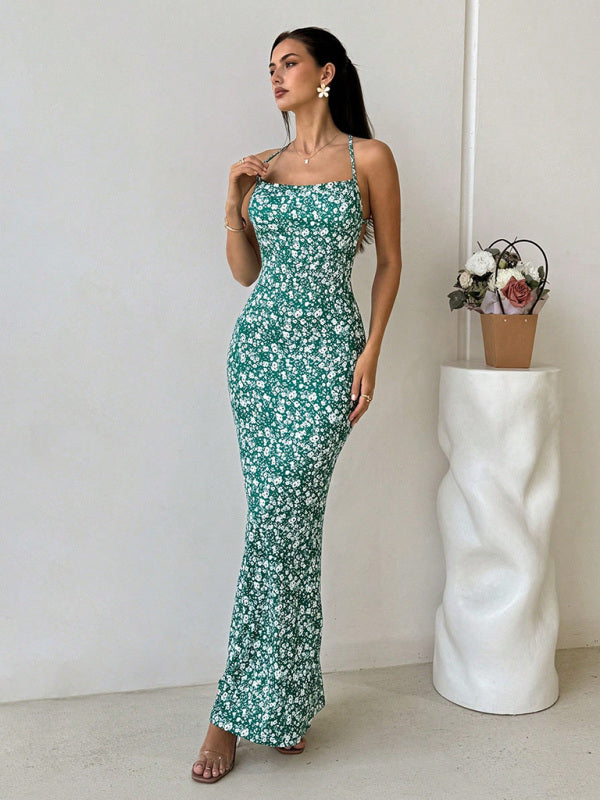 Maxi Dresses - Sexy backless fishtail long dress casual holiday date music festival floral suspender dress