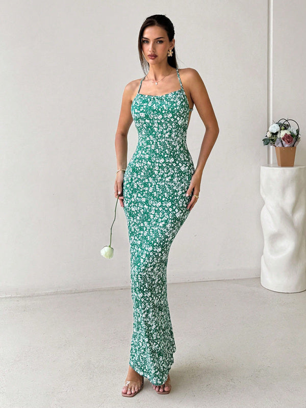 Maxi Dresses - Sexy backless fishtail long dress casual holiday date music festival floral suspender dress