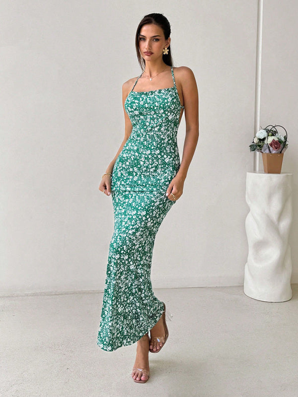 Maxi Dresses - Sexy backless fishtail long dress casual holiday date music festival floral suspender dress