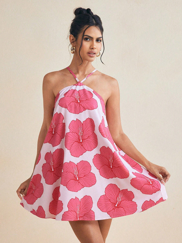 Tent Dresses - Women's sexy halter neck long swing printed short dress