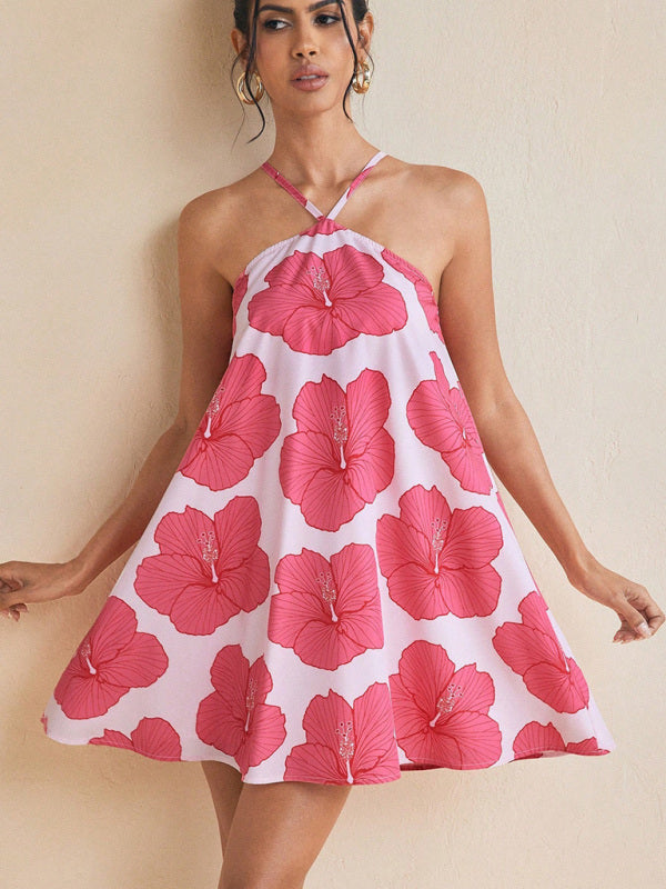Tent Dresses - Women's sexy halter neck long swing printed short dress
