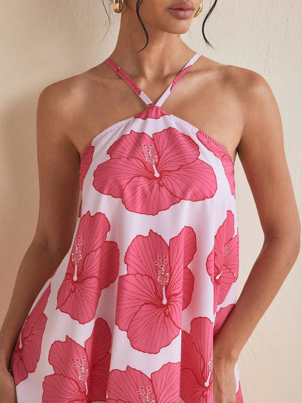 Tent Dresses - Women's sexy halter neck long swing printed short dress