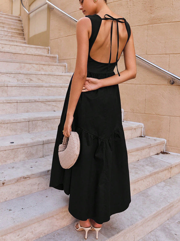 Tea-Length Dresses - Backless Lace-Up Dress