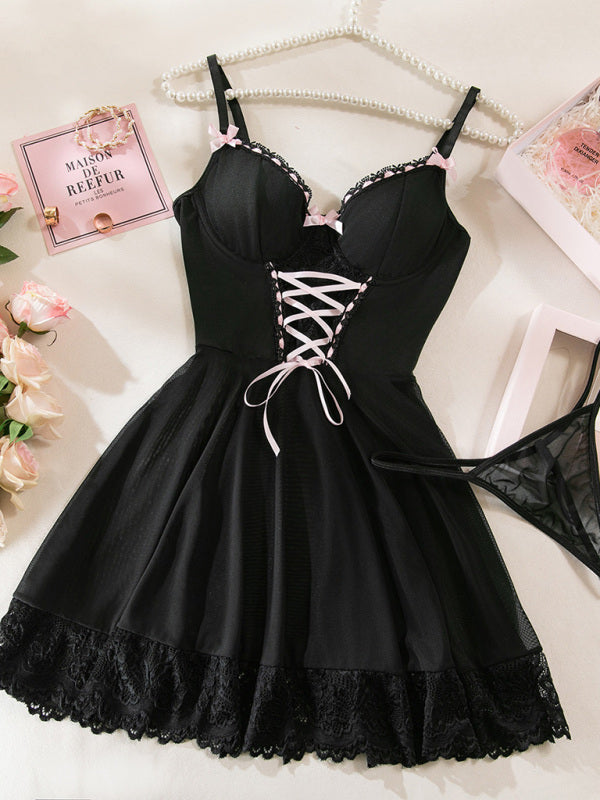 Lingerie - Lace stitching bow ribbon dress nightdress two-piece set