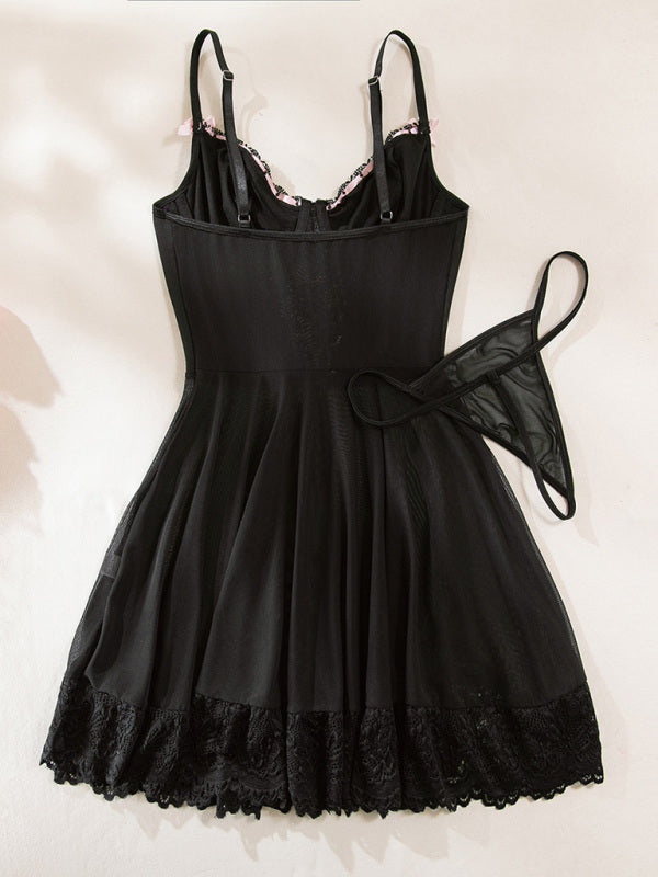 Lingerie - Lace stitching bow ribbon dress nightdress two-piece set