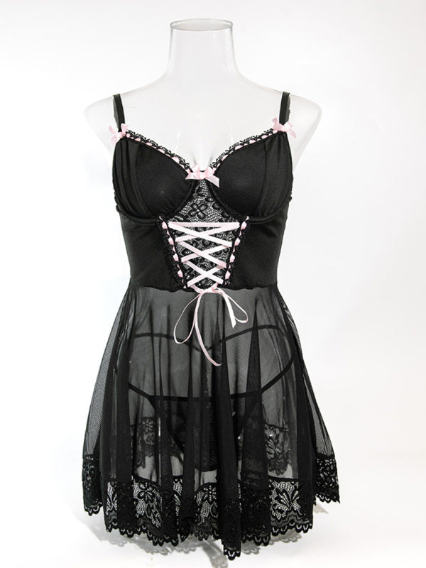 Lingerie - Lace stitching bow ribbon dress nightdress two-piece set