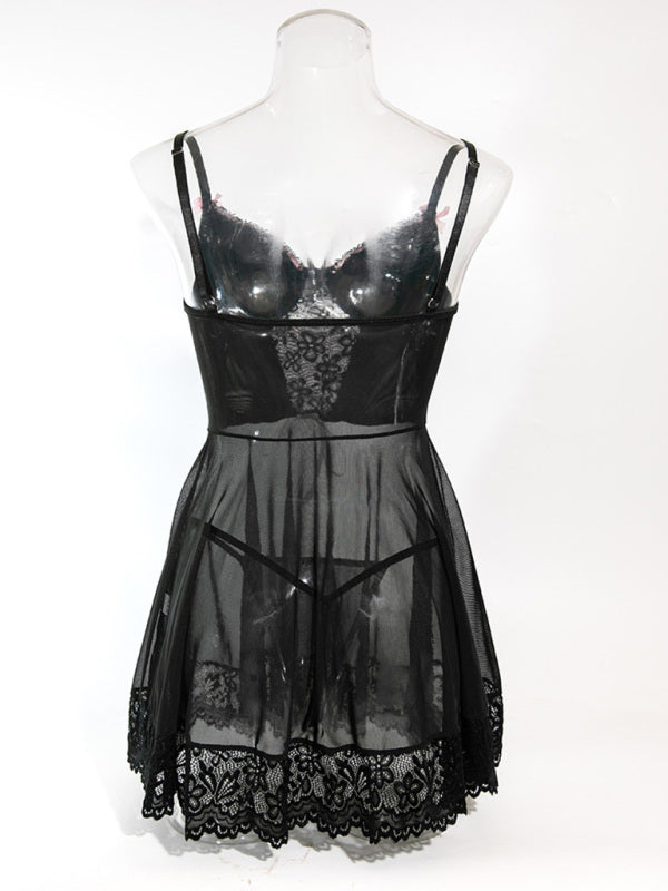 Lingerie - Lace stitching bow ribbon dress nightdress two-piece set
