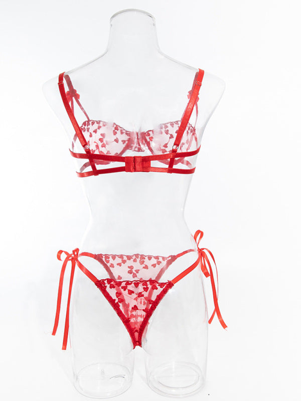 Lingerie - Lace Mesh Embroidered Bra Love Bow Tie Red Underwear Set