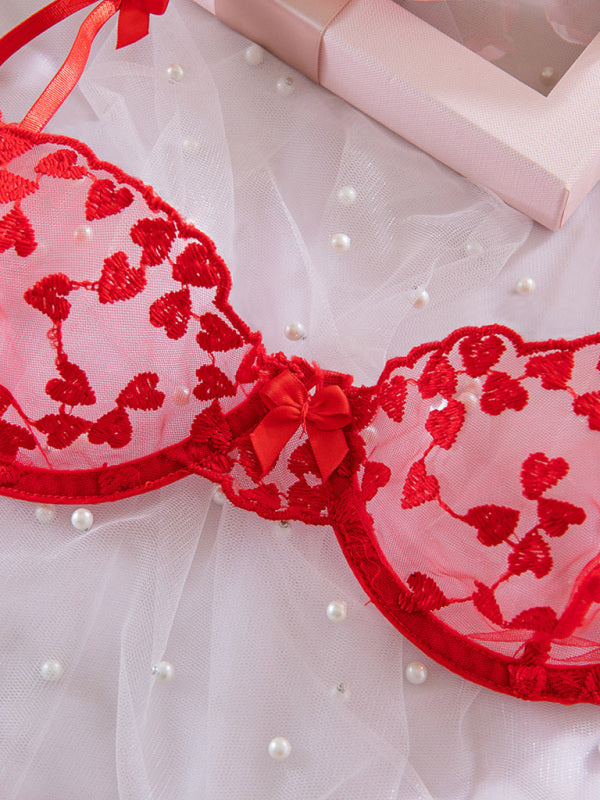 Lingerie - Lace Mesh Embroidered Bra Love Bow Tie Red Underwear Set