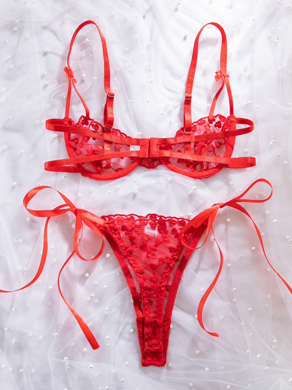 Lingerie - Lace Mesh Embroidered Bra Love Bow Tie Red Underwear Set