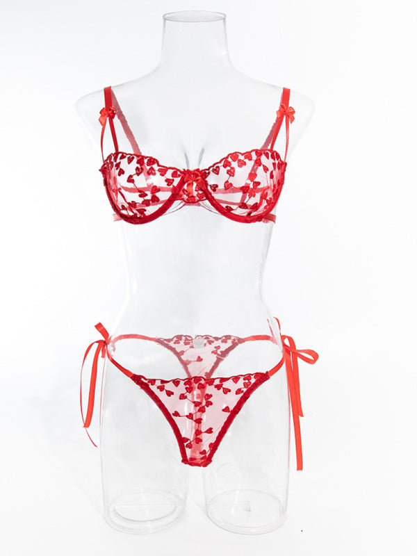 Lingerie - Lace Mesh Embroidered Bra Love Bow Tie Red Underwear Set