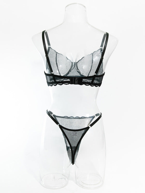Lingerie - New hollow perspective gathered sexy wave lace underwear set