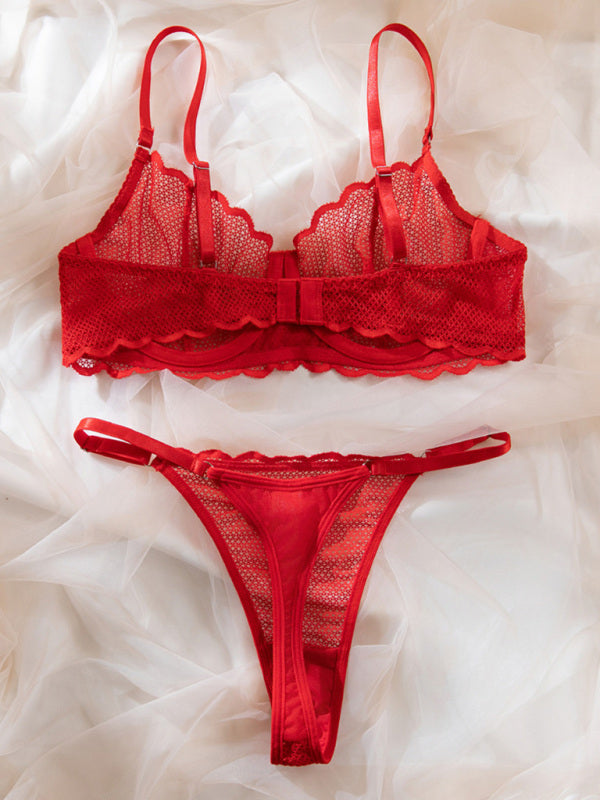 Lingerie - New hollow perspective gathered sexy wave lace underwear set