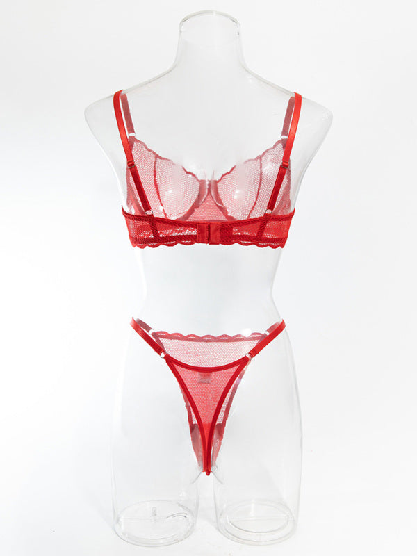 Lingerie - New hollow perspective gathered sexy wave lace underwear set