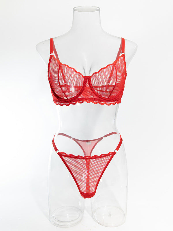 Lingerie - New hollow perspective gathered sexy wave lace underwear set