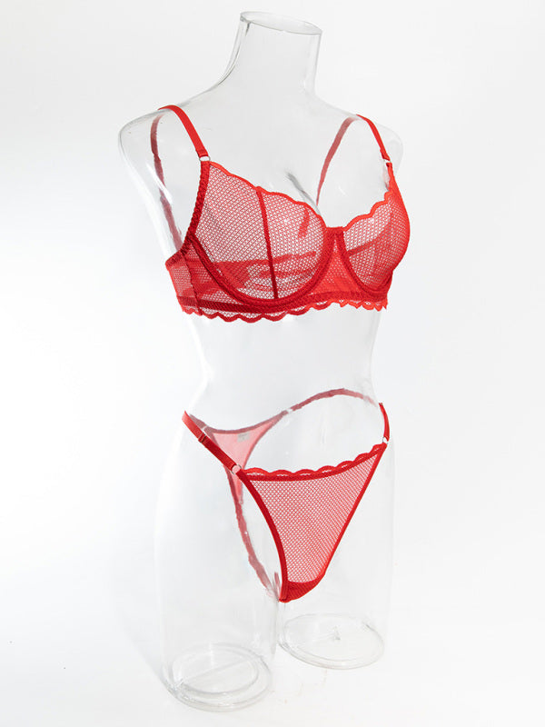 Lingerie - New hollow perspective gathered sexy wave lace underwear set