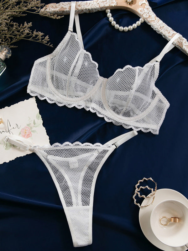 Lingerie - New hollow perspective gathered sexy wave lace underwear set