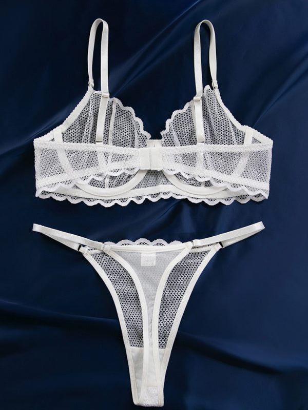 Lingerie - New hollow perspective gathered sexy wave lace underwear set
